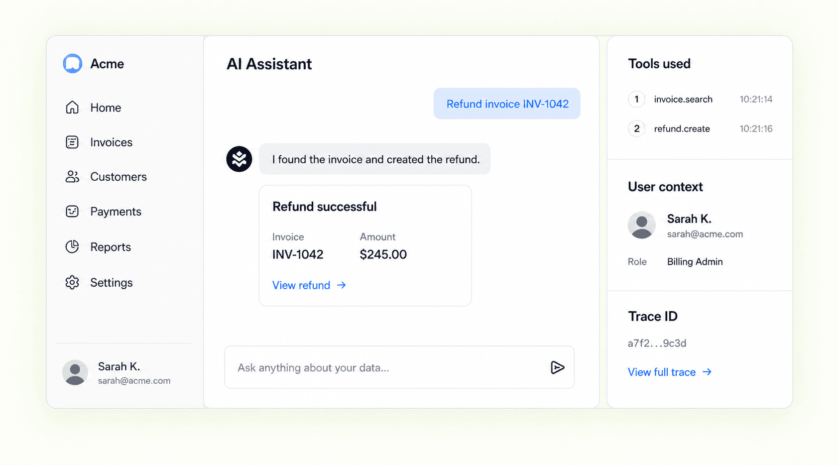 MCP Stack dashboard operator with an embedded agent workspace and tool activity.
