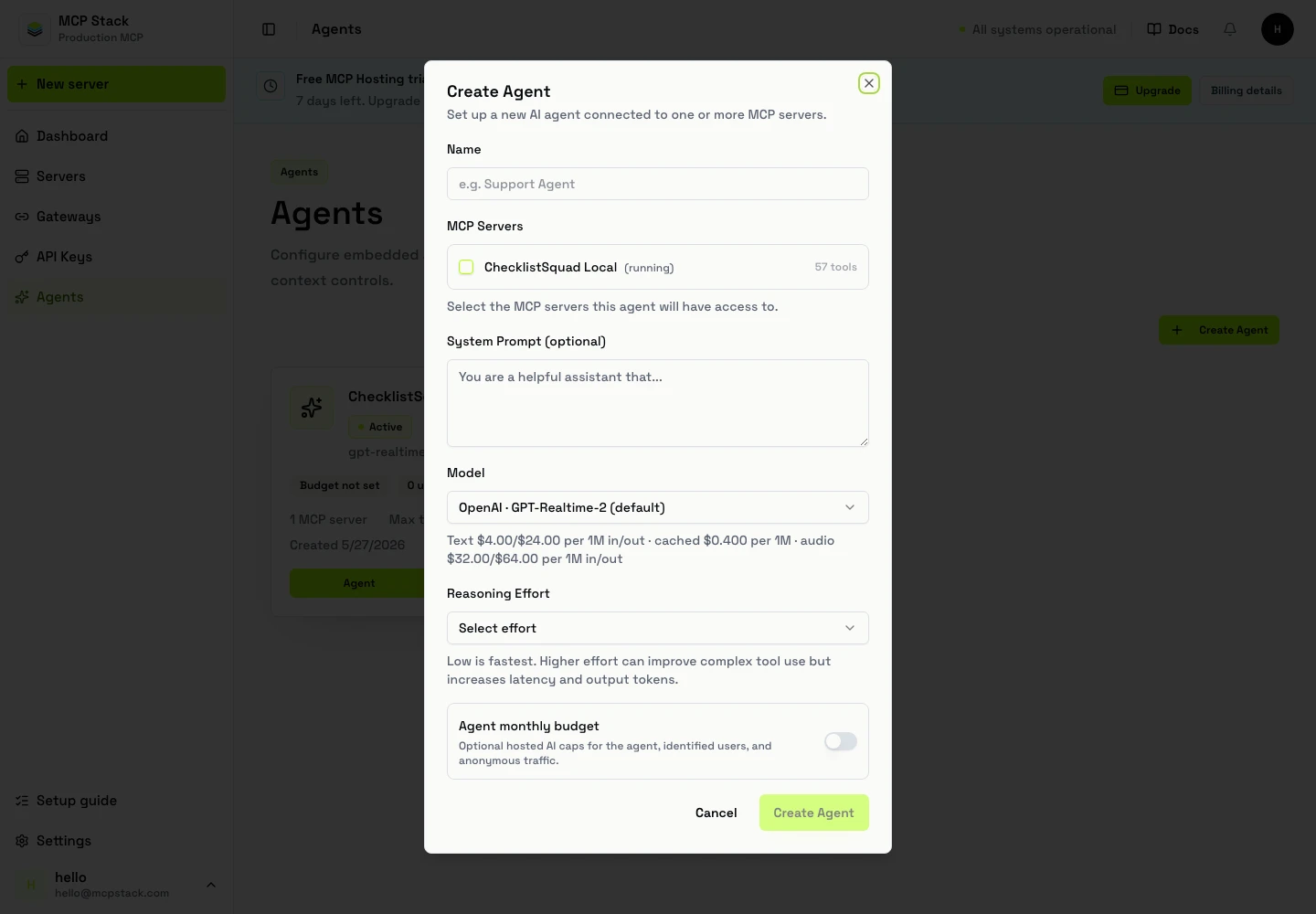 Agents workspace in MCP Stack