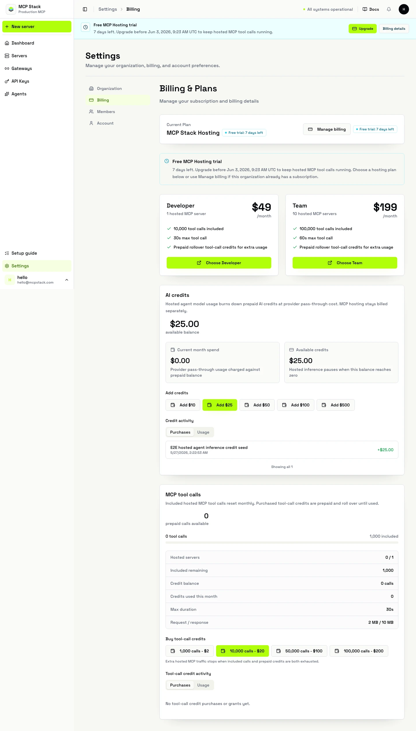 Billing settings in MCP Stack