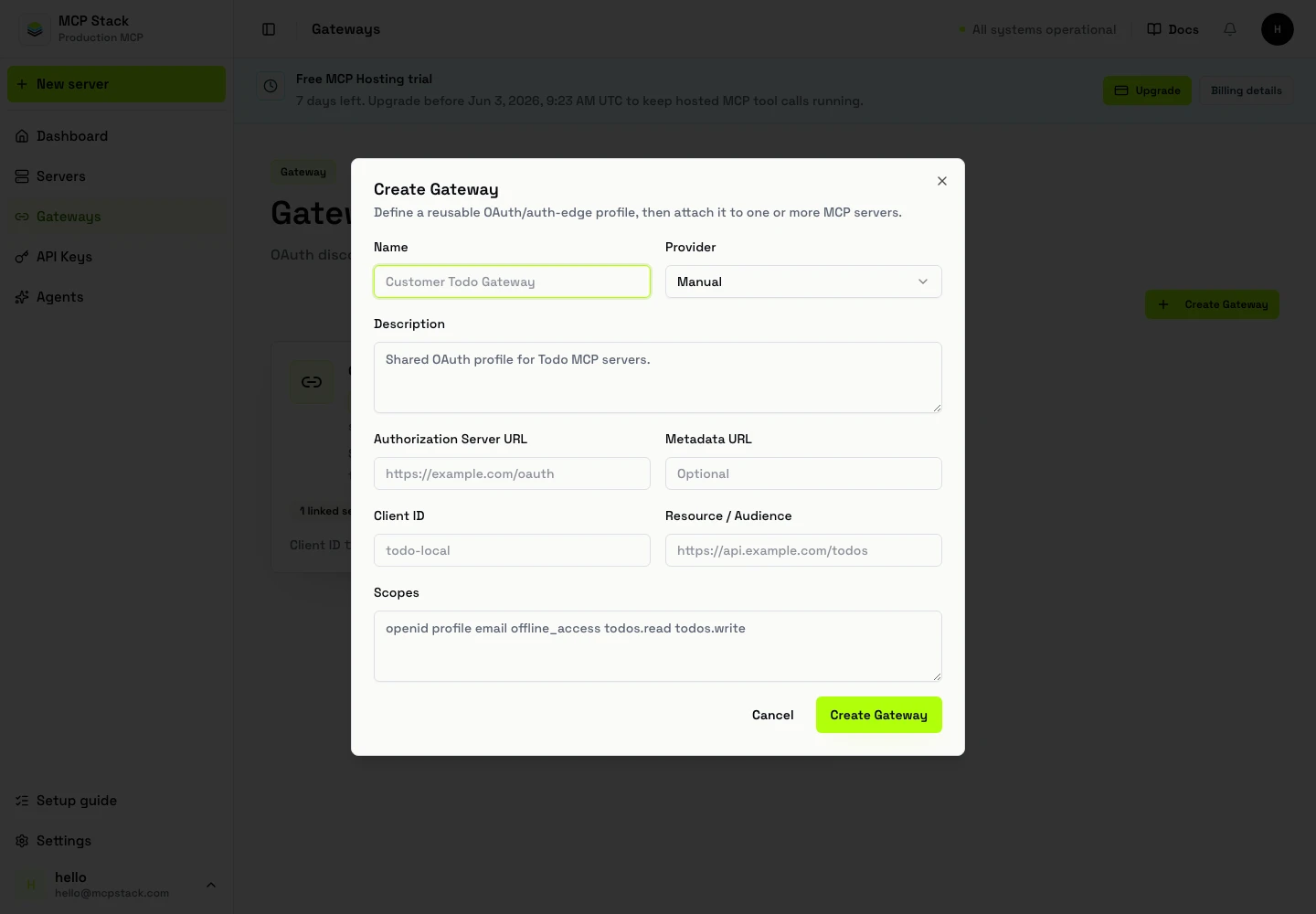 Gateways page in MCP Stack
