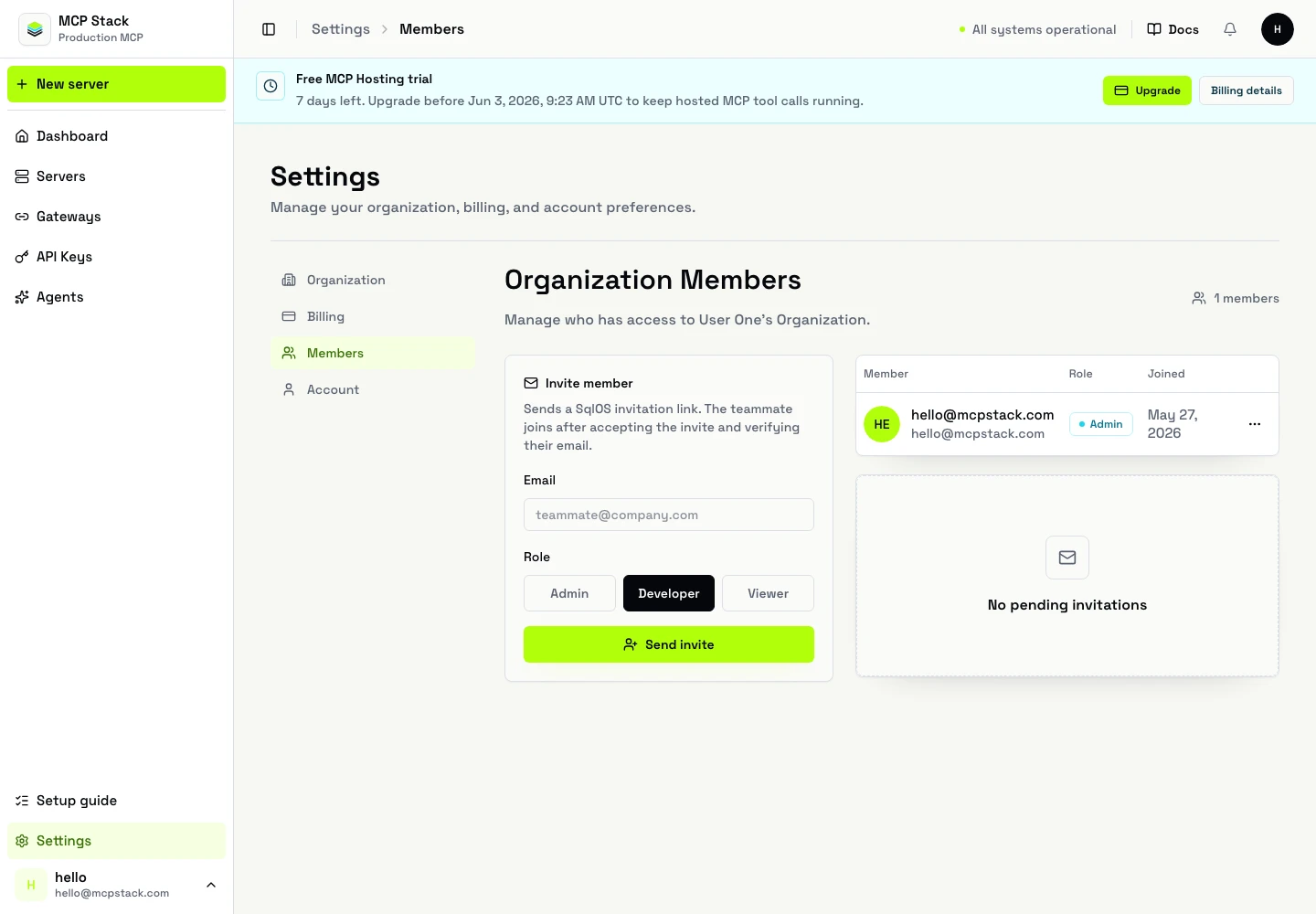 Members settings in MCP Stack